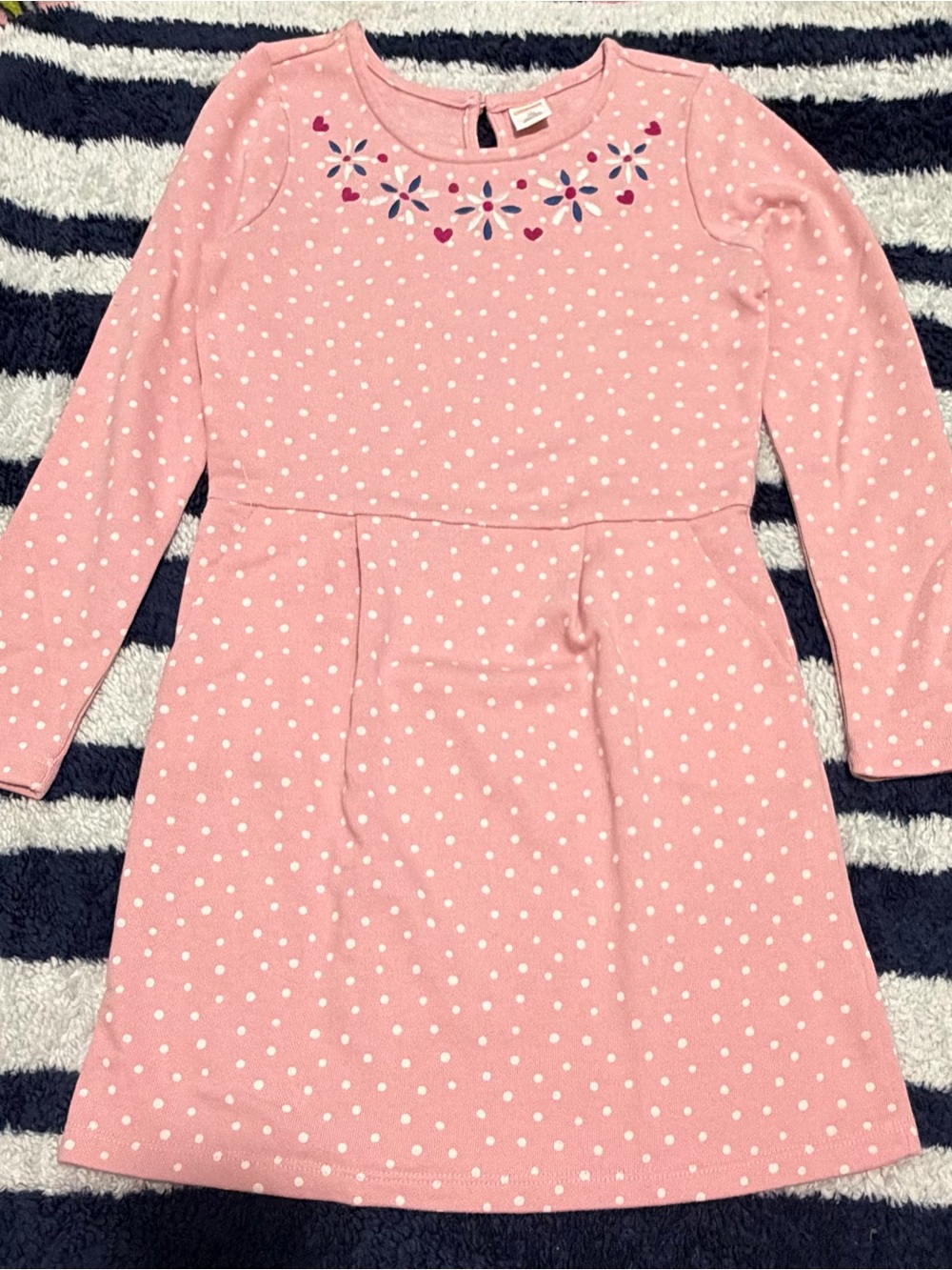 Gymboree Pink Polka Dot Long-Sleeve Dress with Floral Neck Embroidery